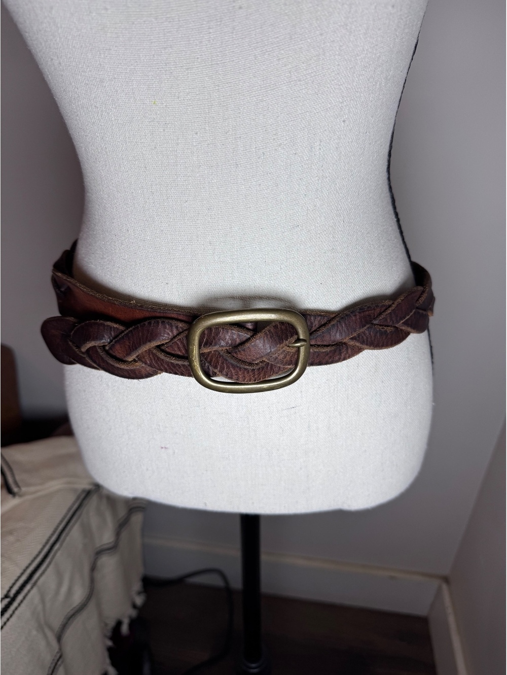 Brown Braided Leather Belt Antique Brass Buckle Adjustable One Size